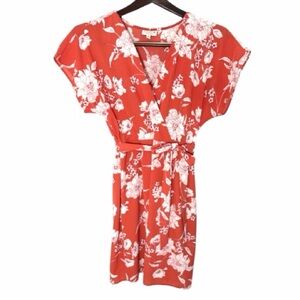 bobeau Coral Orange Floral Faux Wrap Dress with White Bloom Print Size M